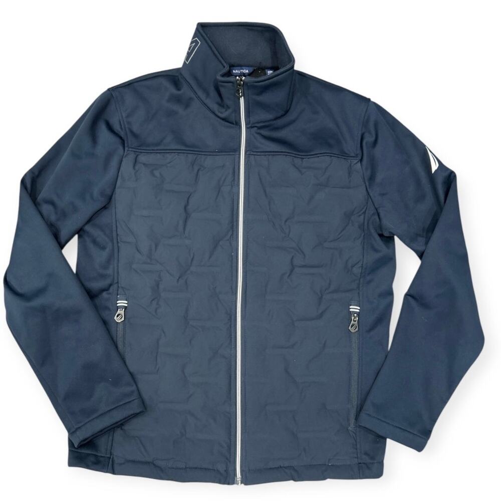 Nautica Men's Navy Blue Mixed Media High Neck Quilted Puffer Jacket Small
